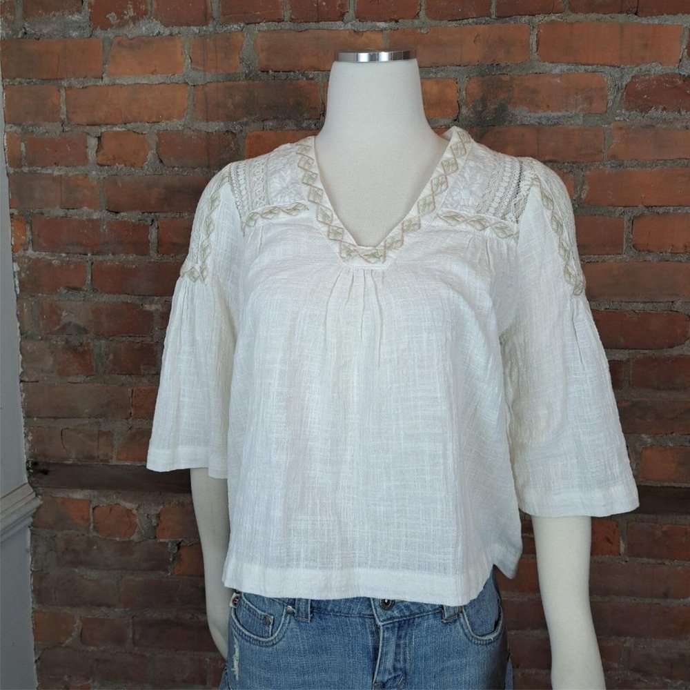 SOLDGimmicks by BKE Buckle Gauze Peasant Top White Lace Bodice Embroidery Sz XS